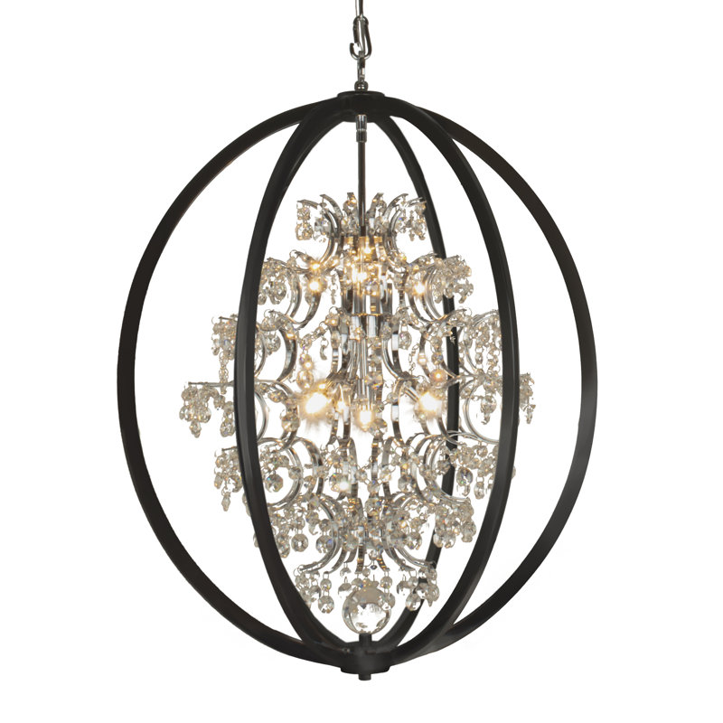 Lustre sphérique unique à 7 lumières avec accents de cristal Snediker, Noir / chrome