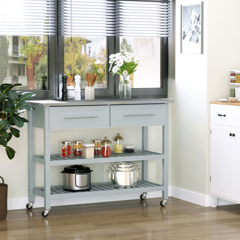 Îlot de cuisine avec plateau en acier inoxydable, îlot de cuisine traditionnel avec rangement, tablettes ouvertes à 2 niveaux, tiroirs, gris clair | Idée de cadeau