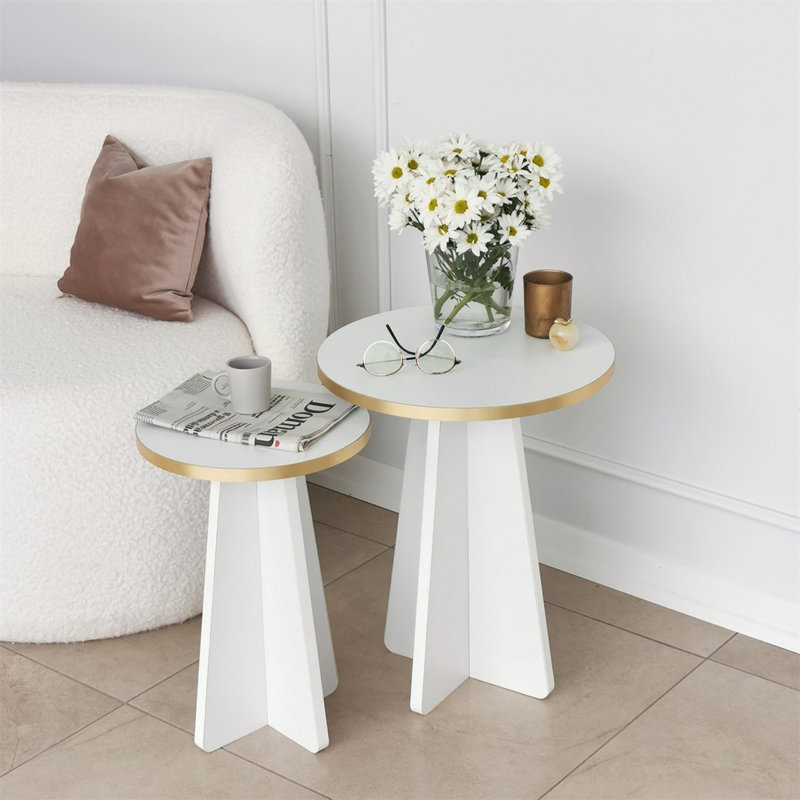 Modern Coffee Table Set (2 Pieces), Gold & White, 15.7 x 19.7 x 15.7 inches & 11.8 x 17.7 x 11.8 inches | 100% Melamine Coated Chipboard, Thickness: 0.7 inches | Sleek Design, Elegant & Functional for Living Room Decor
