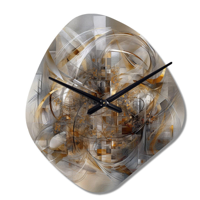 Encre liquide grise et dorée captivante - horloge asymétrique en métal en marbre, impression d'horloge murale de forme unique grise