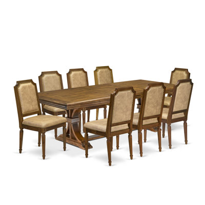 9-piece Kitchen Table Set includes a Dining Table and 8 Beige PU Leather Dinner Chairs with High Back-Antique Walnut Finish