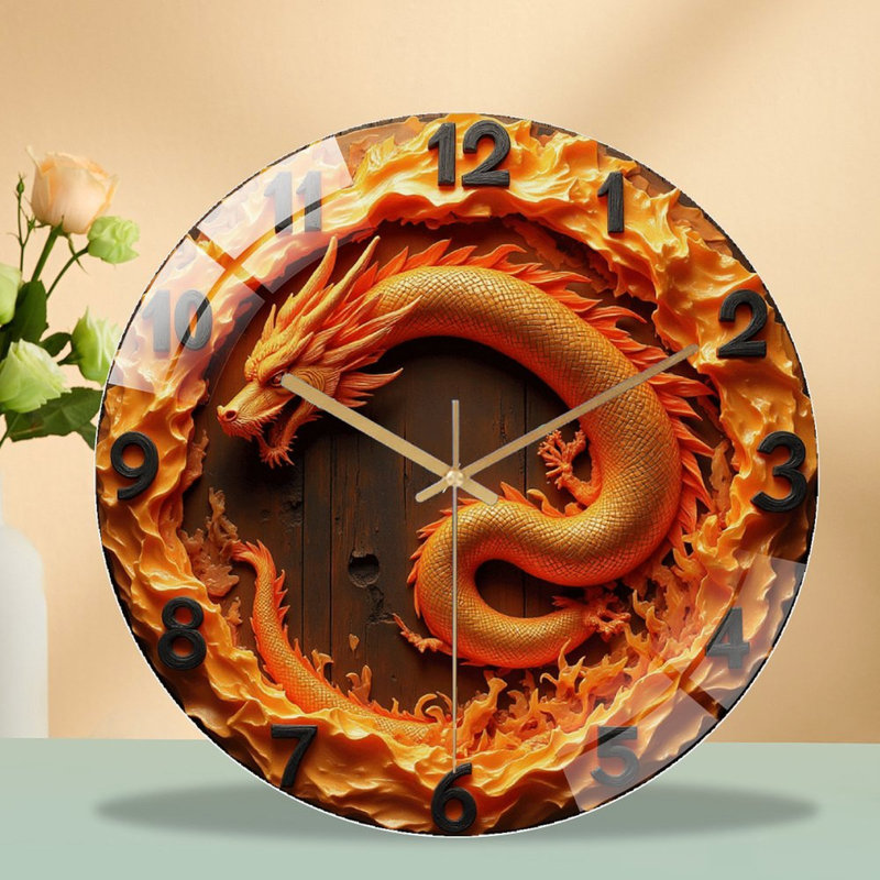 Horloge murale silencieuse en verre trempé de 30 cm, « Élégante horloge murale dragon au design 2D unique », sans tic-tac, fonctionne avec des piles (piles AA non comprises), décoration artistique pour la maison