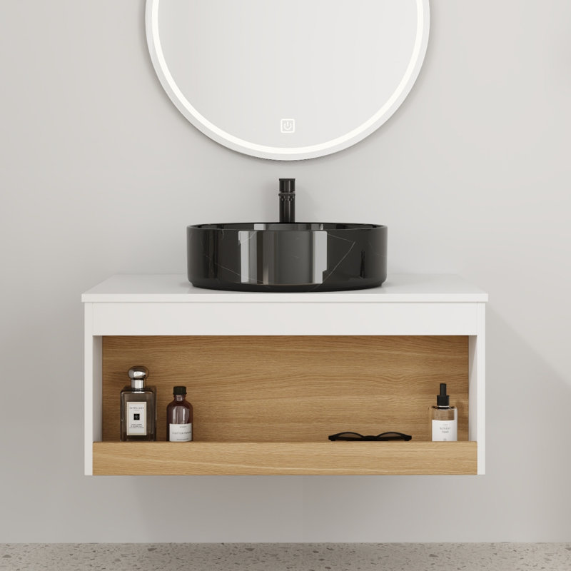 Ensemble de meuble-lavabo flottant 30 po - Design mural peu encombrant avec vasque, Black with white patterns