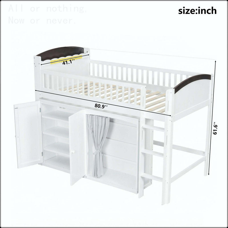 Lit mezzanine avec armoire de rangement, garde-robe et lumières DEL, Lit simple, Blanc