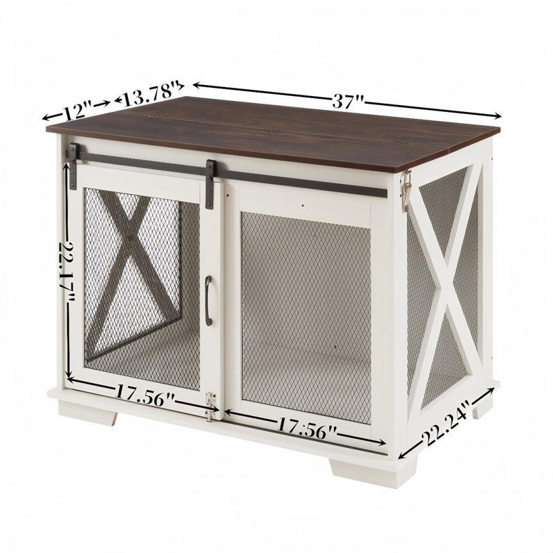White Medium Farmhouse Dog Crate Table with Metal Mesh