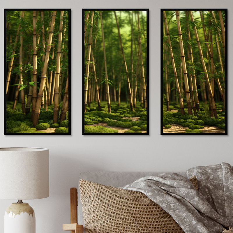 «Dynamic Light Bamboo Grove», ensemble d'art sur toile en bambou, Cadre flottant noir, H 40 po x l 60 po x P 1 po