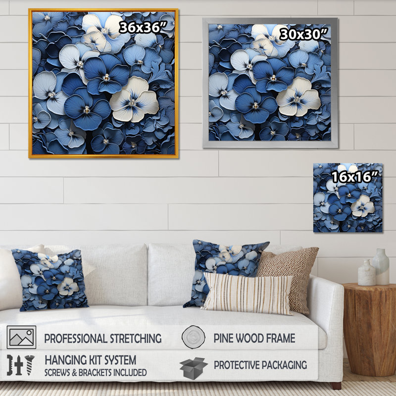 Blue Blue Pansies In The Shadows I - Pansies, art mural, H 16 po x l 16 po x P 1 po, Cadre flottant noir