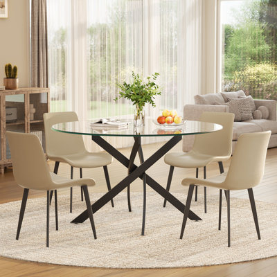 Modern Round Glass Dining Set, Stainless Steel Glass Table With PU Leather Dining Chairs,  Contemporary Kitchen And Dining Room Set For 4–6 People, Luxury & Space-Saving