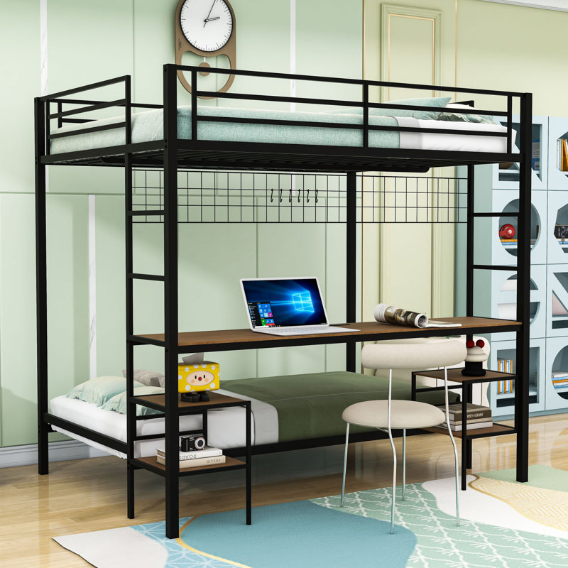 Lit superposé avec bureau, station de charge et tablettes de rangement, Chêne noir cannelle