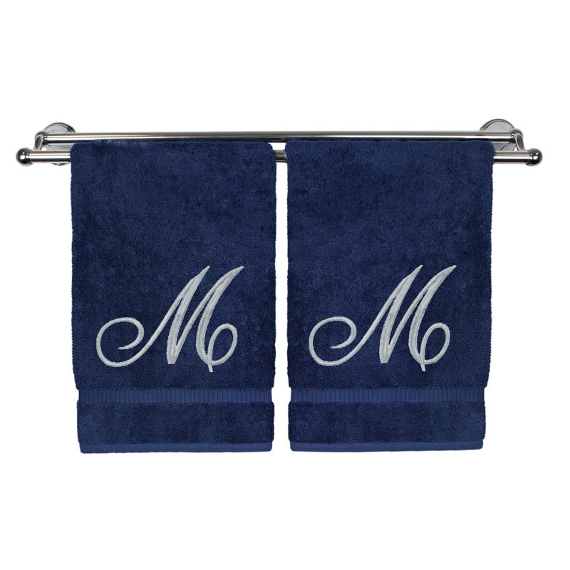 Ensemble de serviettes 2 pièces 100% coton Monogrammed, Marine / Argent, M