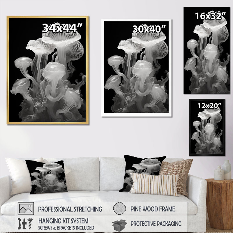 «Black and White Jellyfish Luminous Drifters» sur impression sur toile, H 44 po x l 34 po x P 1,5 po, Cadre naturel flottant