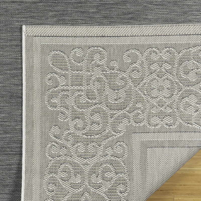 Solterra Portico Charcoal Gray Cream Ivory Transitional Wide Scrolled Border Flatweave Polypropylene Indoor/ Outdoor Area Rug