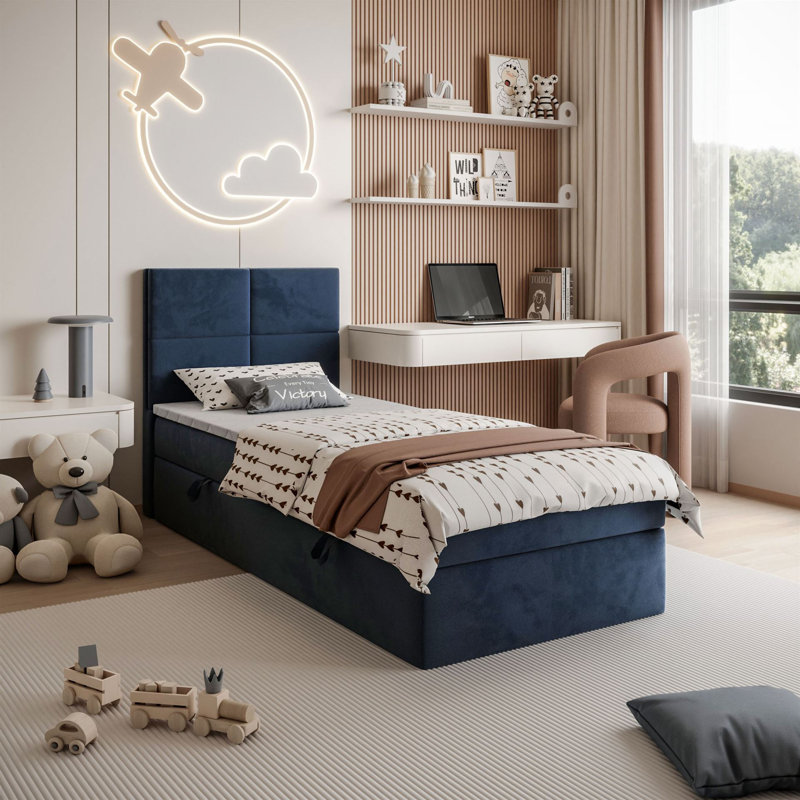 Upholstered Bed with Mattress, 90cm W x 200cm L, Blue / White / Grey