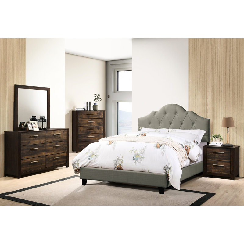 Structure de lit de chambre à coucher moderne, lit double gris tapissier avec tête de lit arquée, style contemporain, taille, tête de lit, pratique