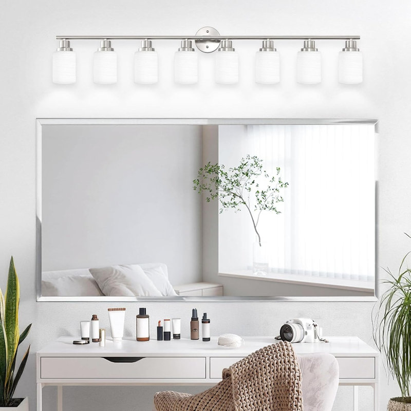 Luminaire de miroir de salle de bain 8 lumières, nickel givré en verre blanc, 8, Nickel