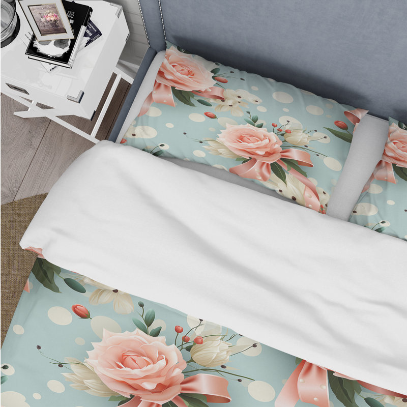 Literie rose romantique et rose à pois, Housse de couette simple + 1 taie décorative stan
