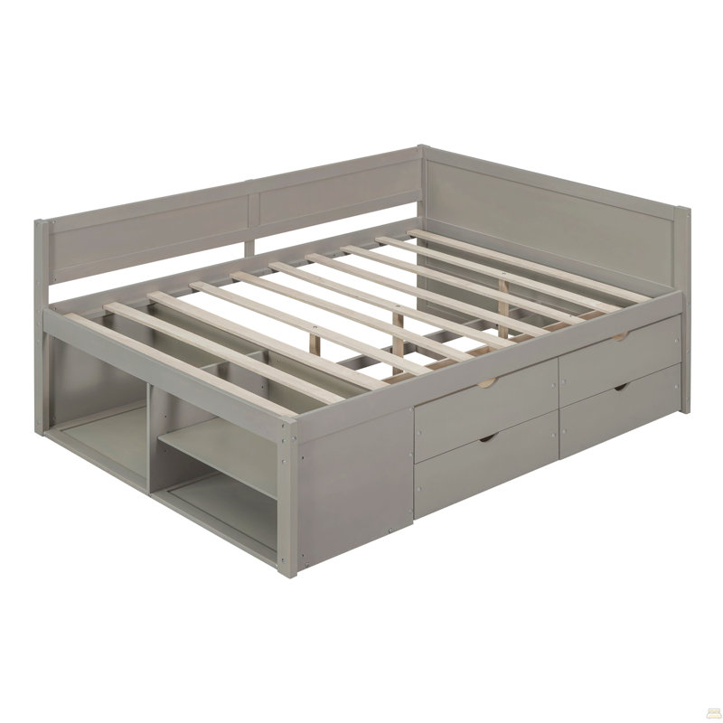 Lit de jour double avec tiroirs et tablettes, Gris, Lit double