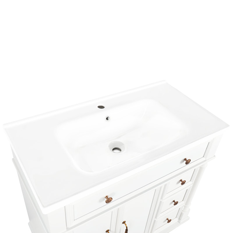 Meuble-lavabo de 36 po Mid-Century blanc avec comptoir, poignées en métal et structure en bois massif, Blanc