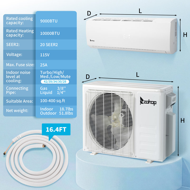Mini climatiseur à deux blocs sans conduit WinSE 20SEER2 9 000 BTU pour 450 pieds carrés avec chauffage