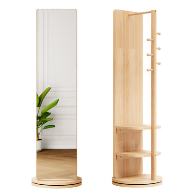 Bradburn 4-in-1 Full-length Mirror, Smooth 360 Rotating Bracket, Solid Rubber Wood Floor-mounted Coat Rack, Shatterproof Hd Glass, 69 "x 20", Used For Bedroom Porch.