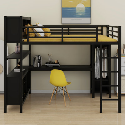 Lit mezzanine en métal avec garde-robe et bureau en L, cubes de rangement et tablettes