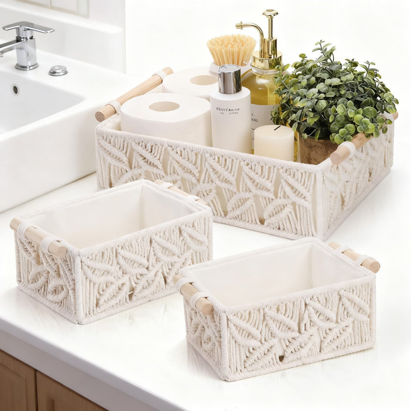 Set Of 3 Macrame Storage Baskets, Handwoven Boho Decorative Organizer With Cloth Liner And Wooden Handles For Bathroom Tank, Bedroom, Living Room, And Nursery