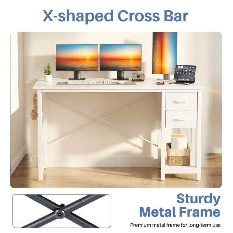 47" Modern Computer Desk with 2 Storage Drawers & X-Frame Support, 29.57” H x 39.37” W x 16.69” D, White