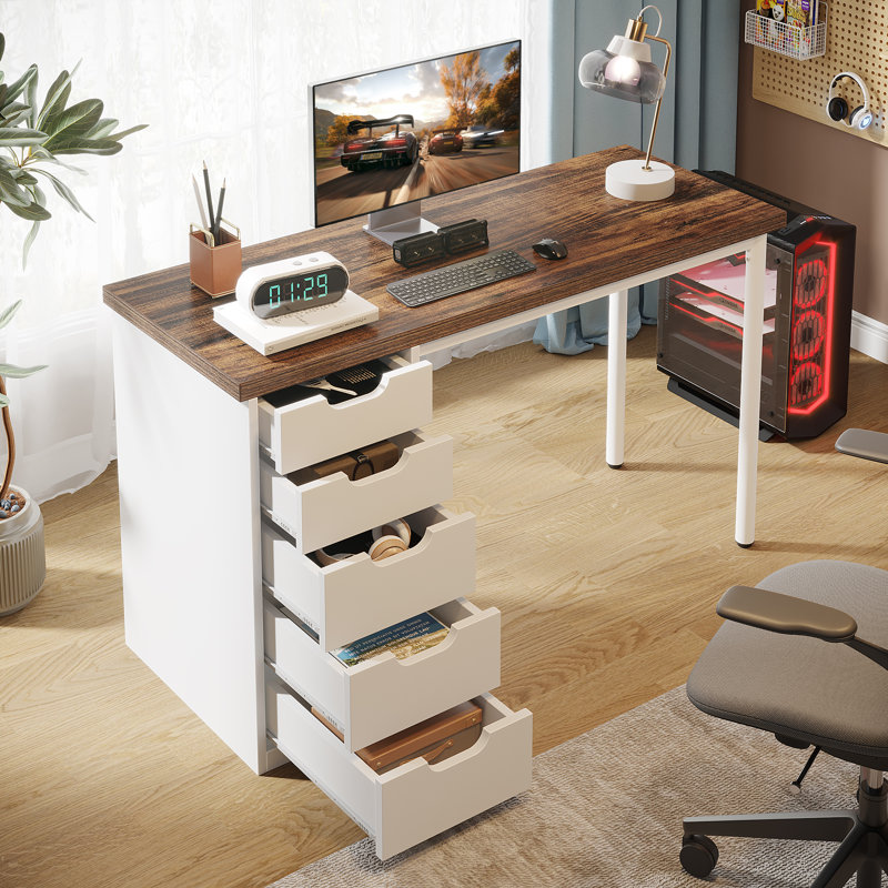 Bureau d'ordinateur à 5 tiroirs 47 po Nagore, Brun / Blanc