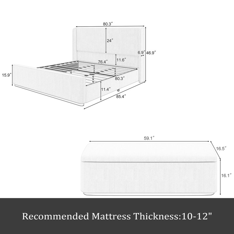 King Size Corduroy Upholstered Bed Frame With 130L Storage Ottoman, And Vertical Stripe Wingback Headboard And High Footboard