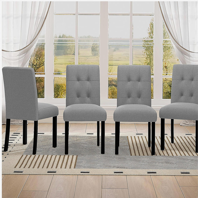 Chaise de salle à manger capitonnée 4 pièces, lin rustique revêtu de pieds en bois d'hévéa noir, chaise d'appoint rembourrée pour la cuisine, la salle à manger, la chambre à coucher, gris