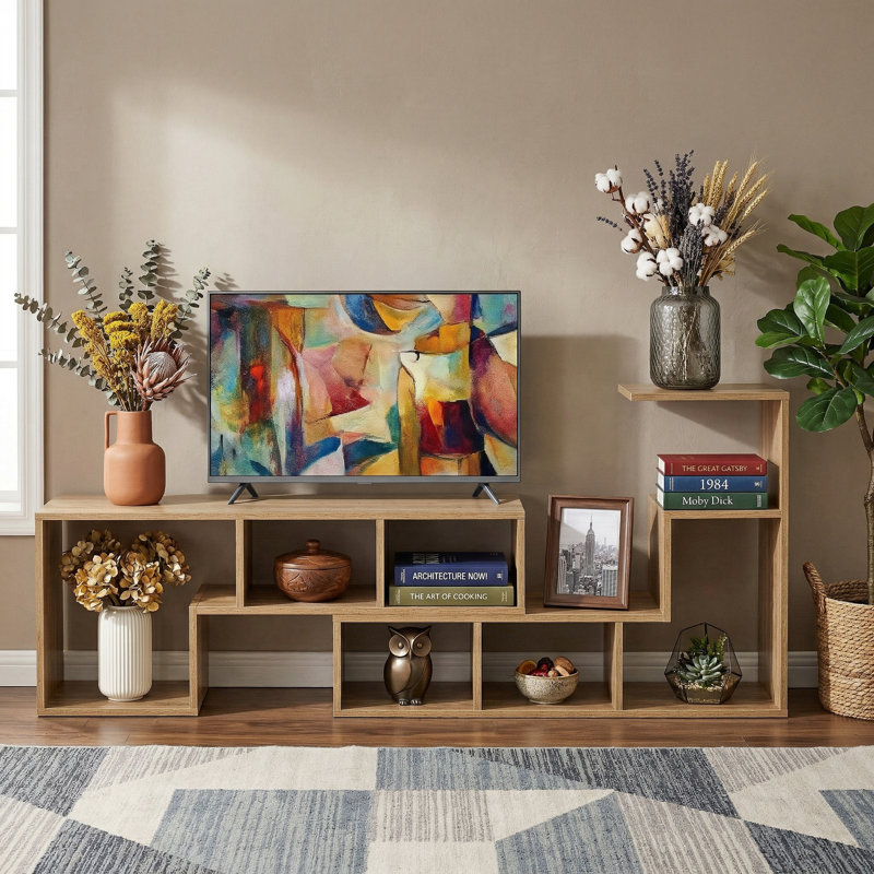 Meuble télé 2 pièces, ensemble de divertissement en forme de L avec tablettes de rangement ouvertes pour le salon