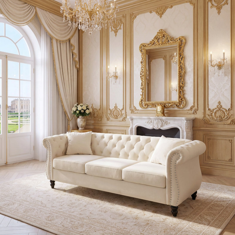 Canapé Chesterfield modulaire avec garniture cloutée et dossier bas capitonné, Beige
