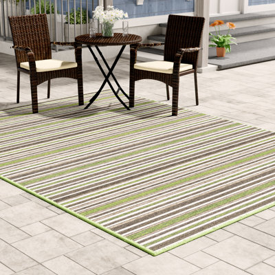 Ellenton Performance Striped Hunter Green Brown Indoor Outdoor Rug