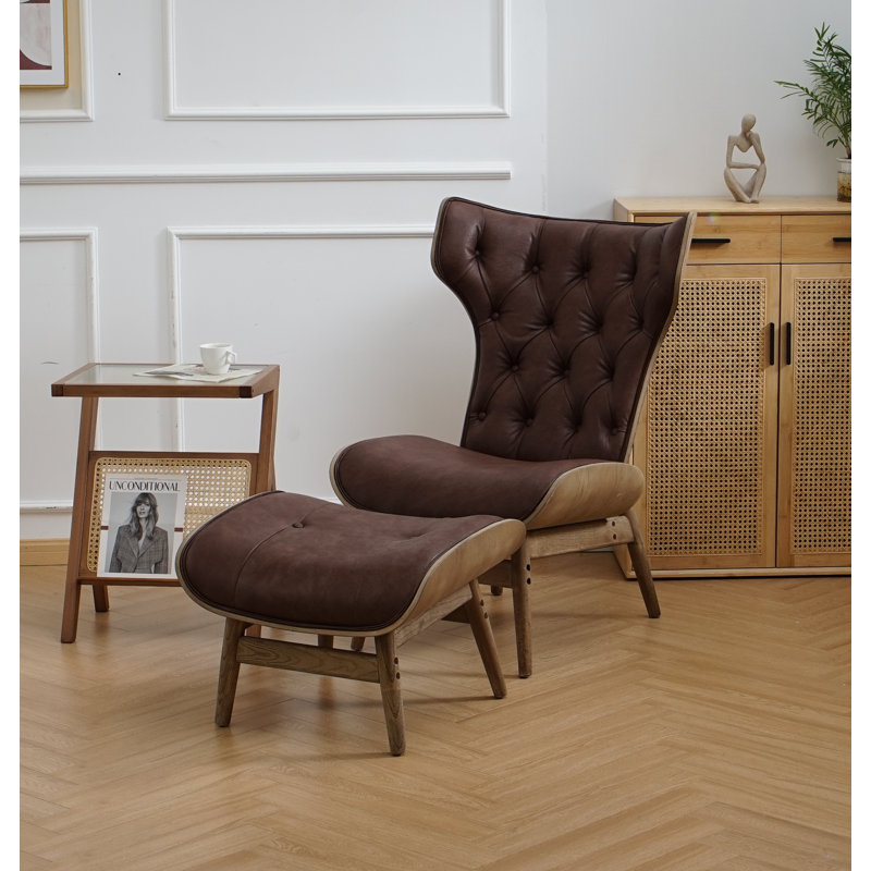 Fauteuil à oreilles et repose-pieds Jeyshan, Simili cuir brun foncé
