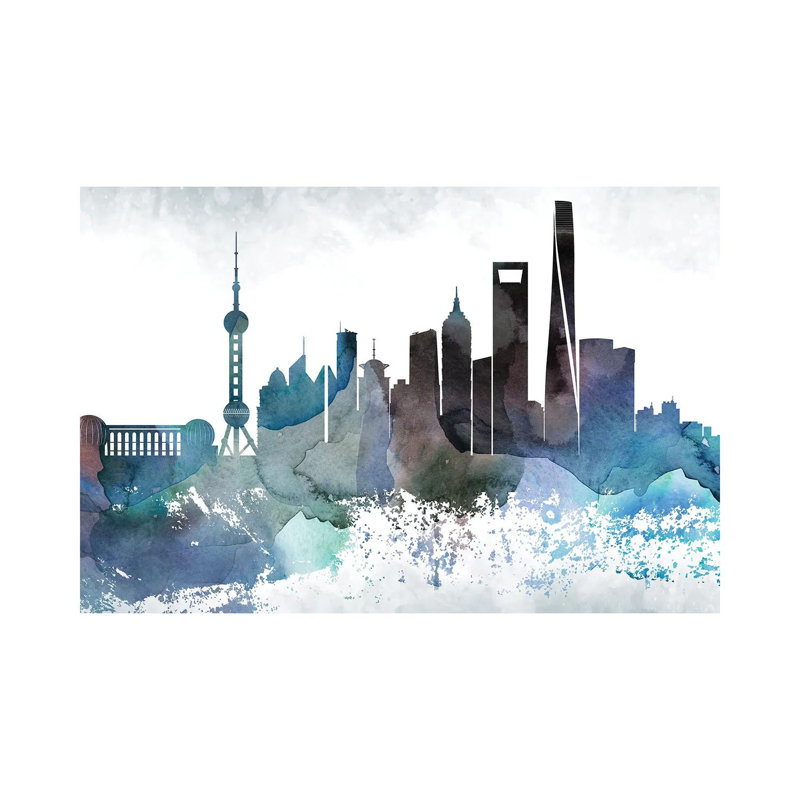 Shanghai Bluish Skyline by WallDecorAddict - Wrapped Canvas Print, 101.6 cm H x 66.04 cm W x 1.91 cm D
