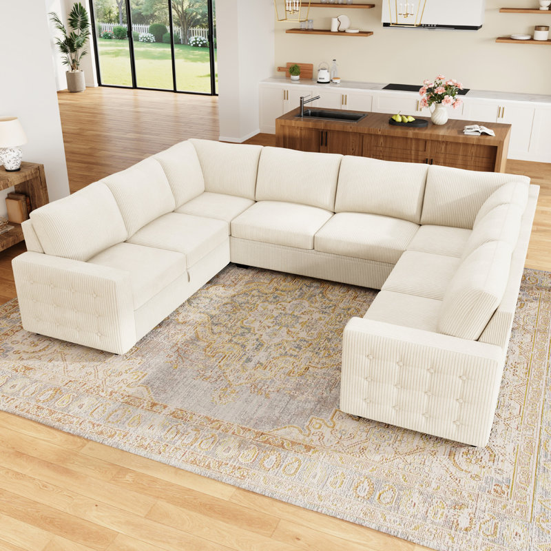 Rundey U-shaped Sleeper Sectional Corduroy Sofa Bed With Storage Space, Beige Corduroy 