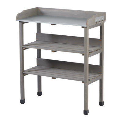 30x14.535.5 Potting Table With Metal Tabletop, 3 - Layer Outdoor Work Bench For Garden, Solid Wood Garage Workbench Tier Storage, Built In Hooks, Adjustable Feet And Compact Design 30.5l14.6w35.5h