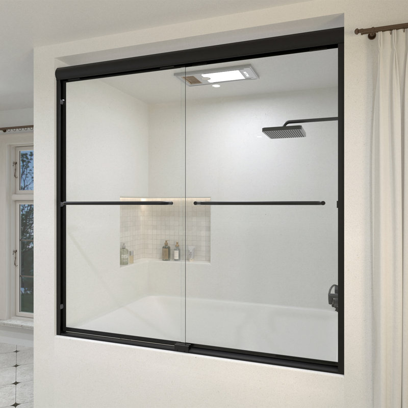 Linear 60 In. W X 56 In. H Sliding Framed Bath Tub Door And Transparent Glass in Matte Black, Matte Black
