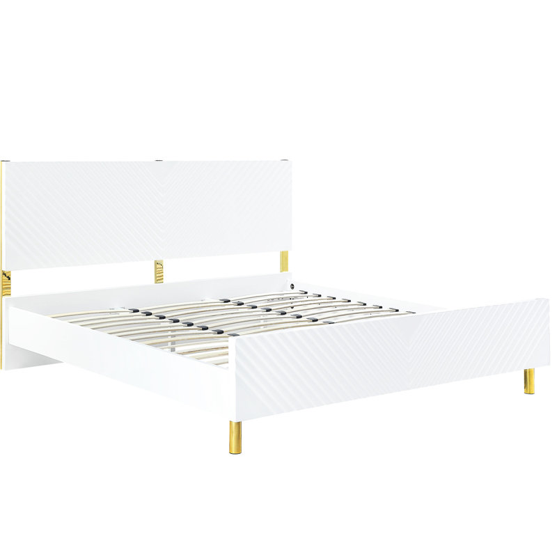 Lit Ek en métal blanc ultrabrillant - sans sommier, entièrement en kd, motif ondulé, 39 lattes, 4 pieds de soutien, capacité de 660 lb pour supporter le poids et finition en bois synthétique, structure en kd, charge maximale