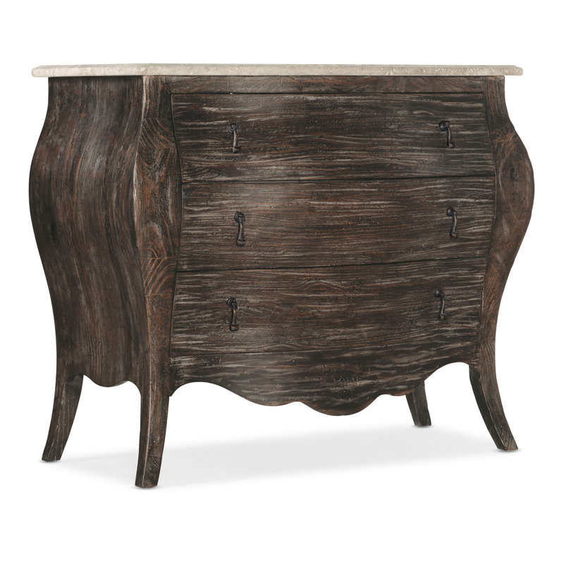 Maduro Dark Wood 3-Drawer Bombe Chest with Stone Veneer Top