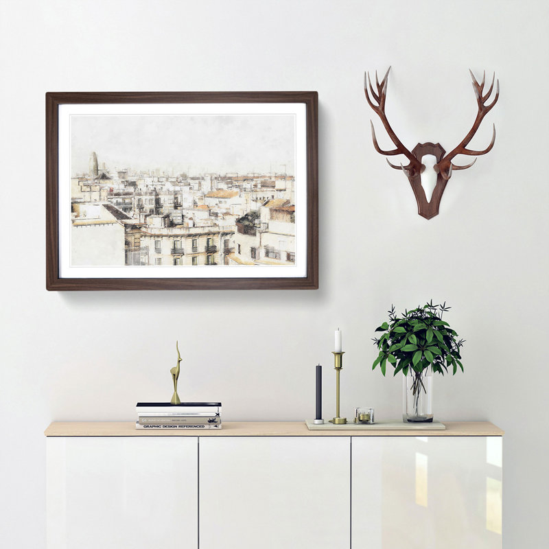 Rooftops in Barcelona Spain - Picture Frame Painting Print, 24cm H x 33cm W x 2cm D, Walnut Framed