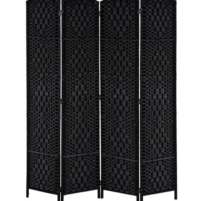 6' Tall Weave Room Divider Privacy Screen - Black. Stylish Partition For Rehabilitation Centers, 4 Panels, Hinges, Space Terraces, Easy To Transport