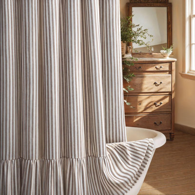 Farmhouse Shower Curtain Ruffle Linen Stripe 72"W x 72"L，White-brown Stripe
