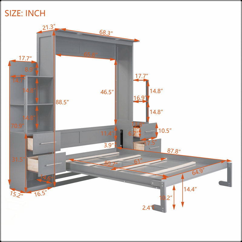 Lit escamotable peu encombrant avec tablettes, tiroirs et éclairage DEL pour un rangement et un confort accrus, Grand lit