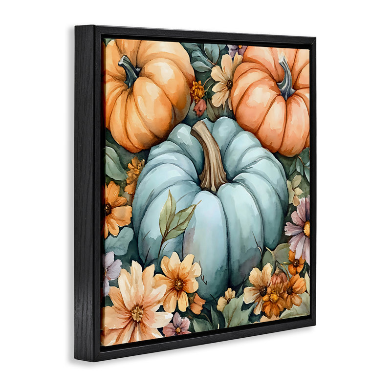Three Pumpkins & Florals Floating Frame, design by Creative Studio, Jet Black Floater Frame, 18" H x 18" W