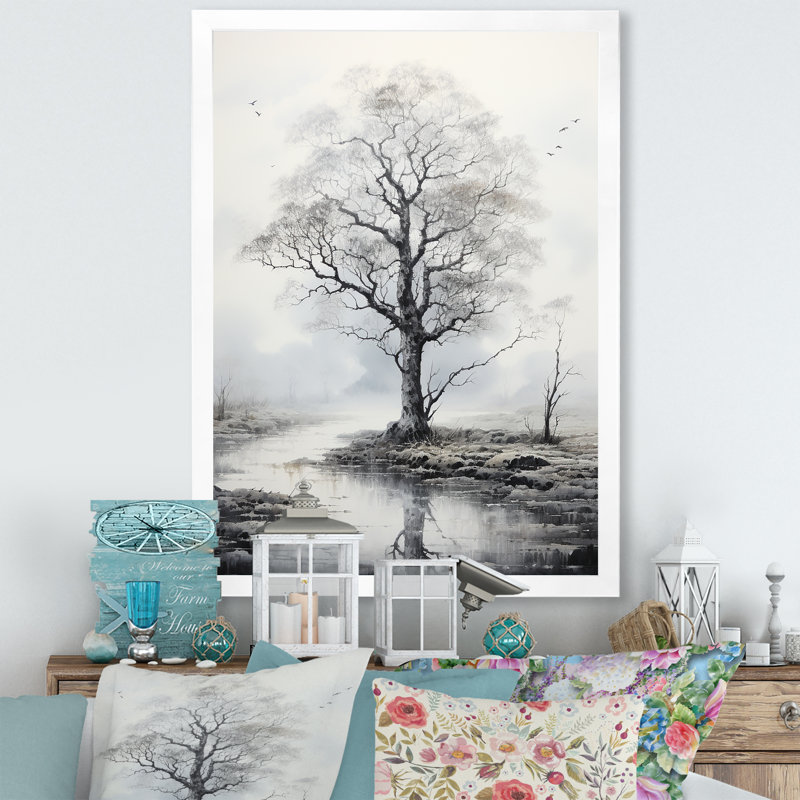 Minimalisme, arbre gris, solitude I, paysage, art mural, salon, H 20 po x l 12 po x P 1 po, Cadre photo blanc