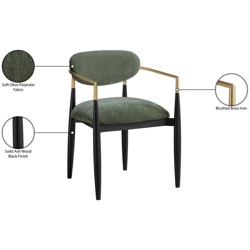 Chaise de salle à manger rembourrée en tissu Riccio Performance, Olive, Noir teint / laiton brossé