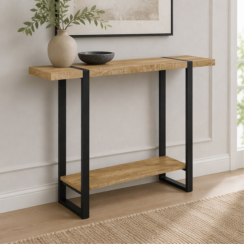 Table d'appoint, console, vestibule, étroit, canapé, salon, chambre à coucher, stratifié aspect bois de manguier, métal noir, contemporain, moderne