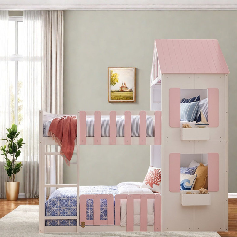 Lits gain d'espace avec rangement, lits superposés modernes en bois MDF pour la maison, Rose