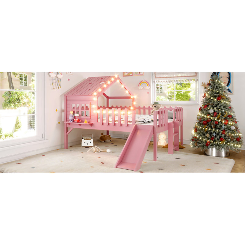 Lit mezzanine rose pleine grandeur avec glissade et étoile en forme de lune, Full, Pink